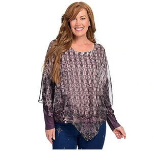One World Plus Sz 1X Printed Long Sleeve Top w/ Chiffon Embellish Poncho Purple